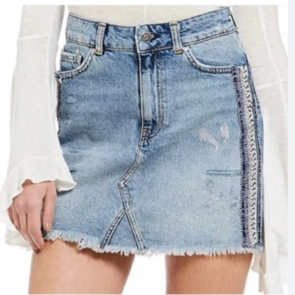 Free People size 8 beaded embellished mini denim skirt distressed boho style